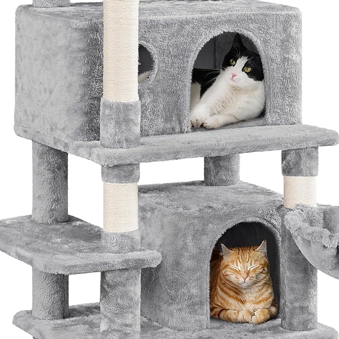 Topeakmart Cat Tree, 67in H Cat Tower for Indoor Cats, Multi-Level Cat Condo with Sscratching Posts & Soft Hammock & Large Basket & Fur Ball Sticks, Light Gray