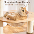 Modern Solid Wood Cat Tree Tower for Indoor Cats Large Adult, 38 inch Corner Cat Tree with Handmade Rattan Cat Bed, Luxury Aesthetic Cat Tree with Rattan Cave, Space Capsule, Groomer, Scratching Post