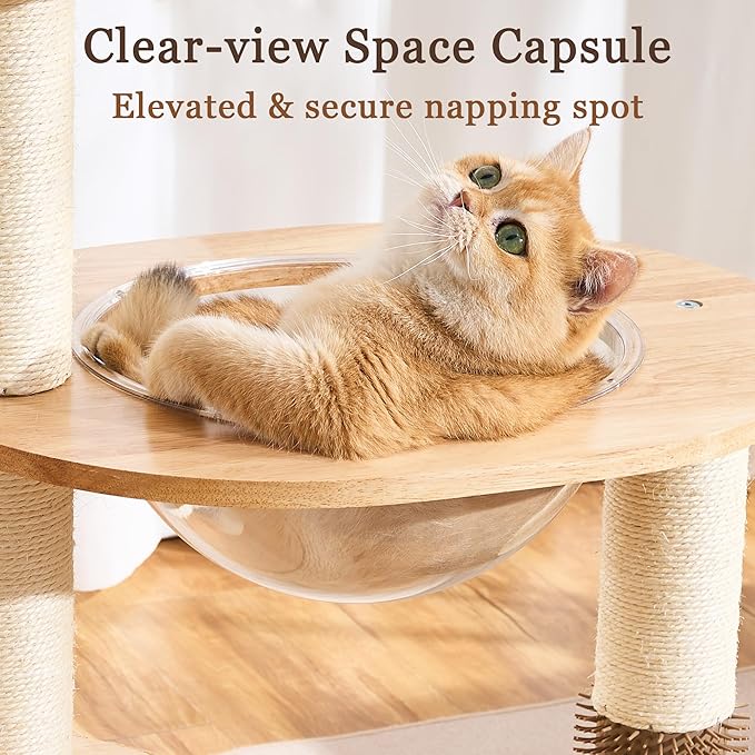 Modern Solid Wood Cat Tree Tower for Indoor Cats Large Adult, 38 inch Corner Cat Tree with Handmade Rattan Cat Bed, Luxury Aesthetic Cat Tree with Rattan Cave, Space Capsule, Groomer, Scratching Post
