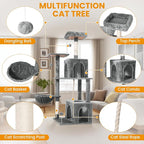 Cat Tree, 54-Inch Cat Tower for Indoor Cats,Plush Multi-Level Cat Condo with Scratching Posts, Basket, Perches,2 Caves,2 Pompoms(Gray)