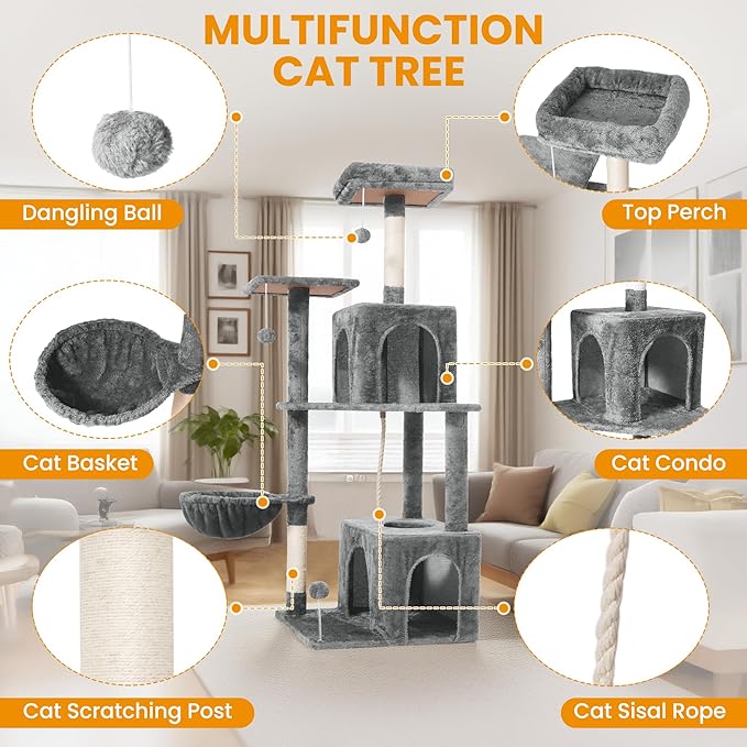 Cat Tree, 54-Inch Cat Tower for Indoor Cats,Plush Multi-Level Cat Condo with Scratching Posts, Basket, Perches,2 Caves,2 Pompoms(Gray)