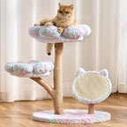 Aesthetic Flower Cat Tree Tower with Scratching Post for Indoor Cats, 30" H Modern Cat Tree with Natural Solid Wood Branch, Fluffy Cat Beds Removable & Large Scratching Board, Sakura Pink