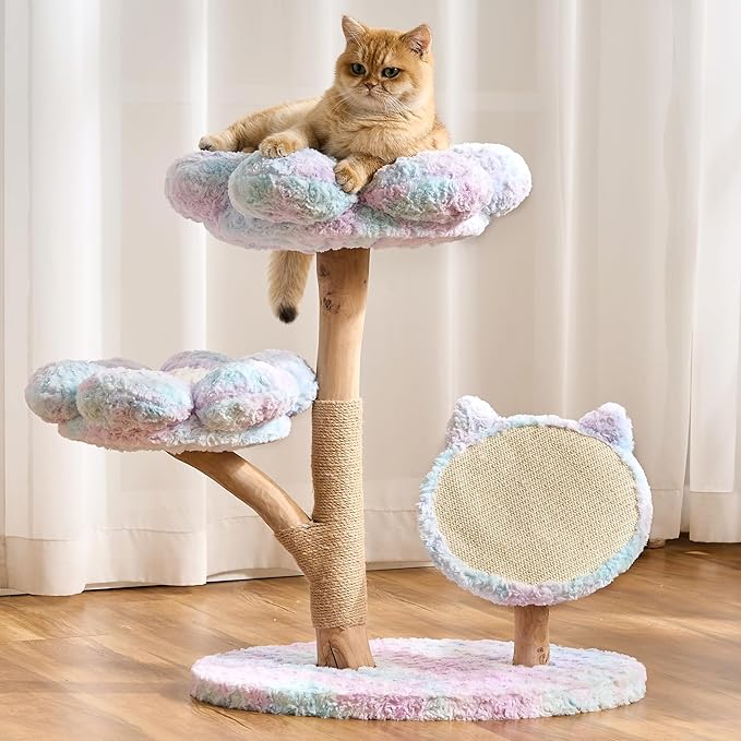 Aesthetic Flower Cat Tree Tower with Scratching Post for Indoor Cats, 30" H Modern Cat Tree with Natural Solid Wood Branch, Fluffy Cat Beds Removable & Large Scratching Board, Sakura Pink