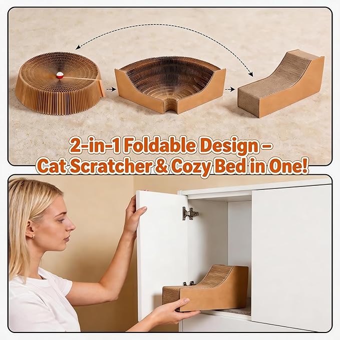 Collapsible Round Cat Scratcher Lounge Bed,Accordion Cardboard Scratching Board for Indoor Large Cats, Kitten Bed & Play Toy,16 inch