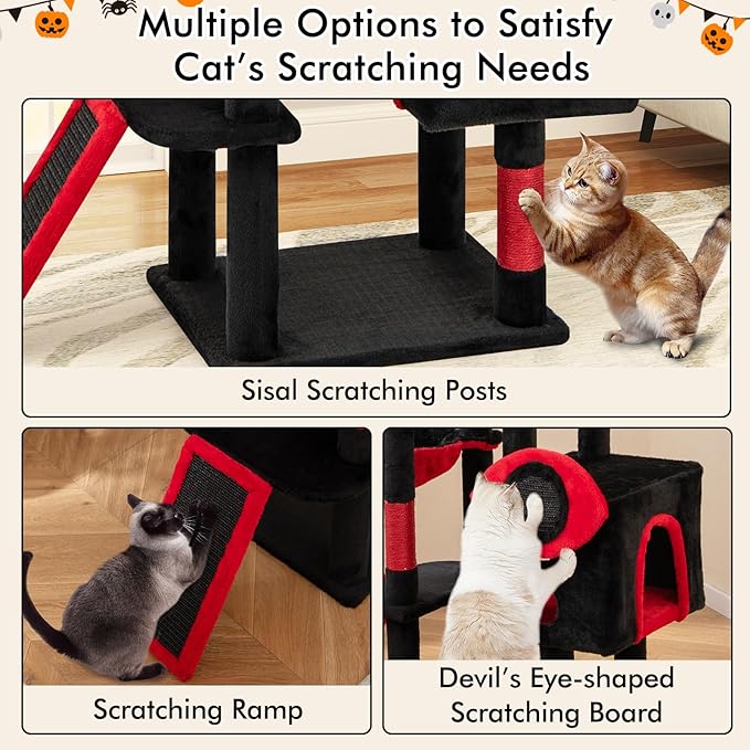 PETSITE 62-inch Gothic Cat Tree, Multi-Level Goth Coffin Cat Tree Tower with Sisal Scratching Posts, Board and Ladder, Basket, Condos, and Hanging Spider Toys, Ideal for Indoor Cats, Black & Red