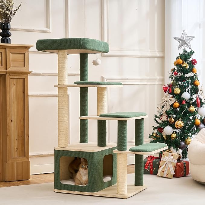 Modern Wood Cat Tree Tower for Large Cats - 43.5" Indoor Wooden Cat Condo with Sisal Scratching Posts, Washable Cushions, Large Top Perch & Easy Climb Steps for Elderly/Short-Legged Cats Multi-Cat Use
