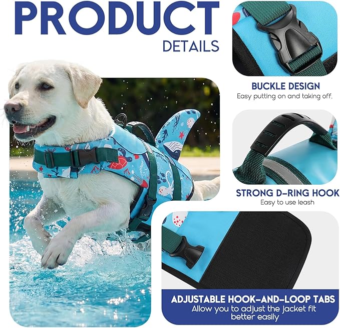 ASENKU Dog Life Jacket - Pet Safety Vest for Swimming & Boating, Shark Life Jacket with Floatation, Dog Lifesavers Swimsuits for Small Medium Large Dogs (Ocean, XS)