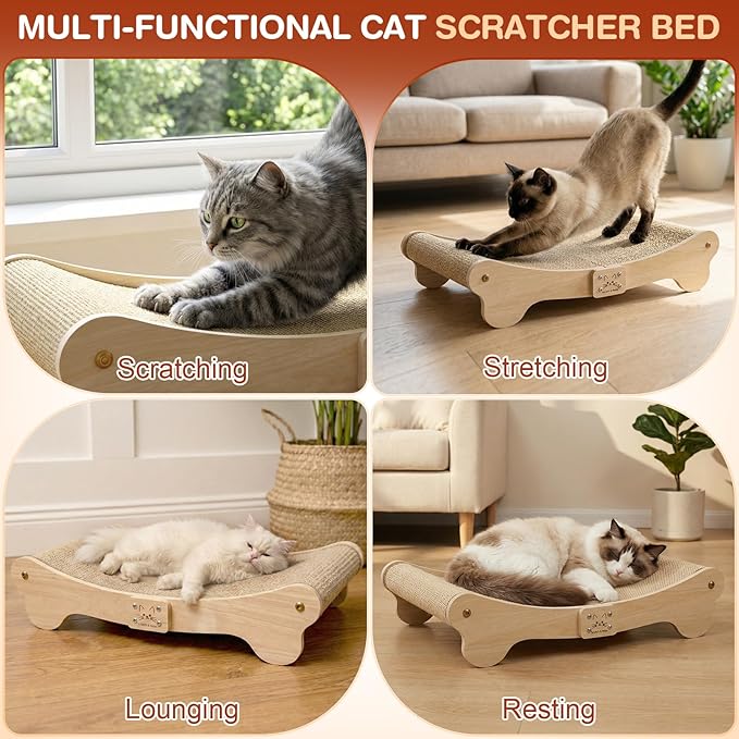 NOCOEX Sisal Cat Scratcher Bed: Cat Scratch Pad Hammock for Indoor Cats Lounger & Scratch & Sleep - Large Sturdy Natural Solid Wood Frame Cats Scratching Board Post for Modern Furniture Protector