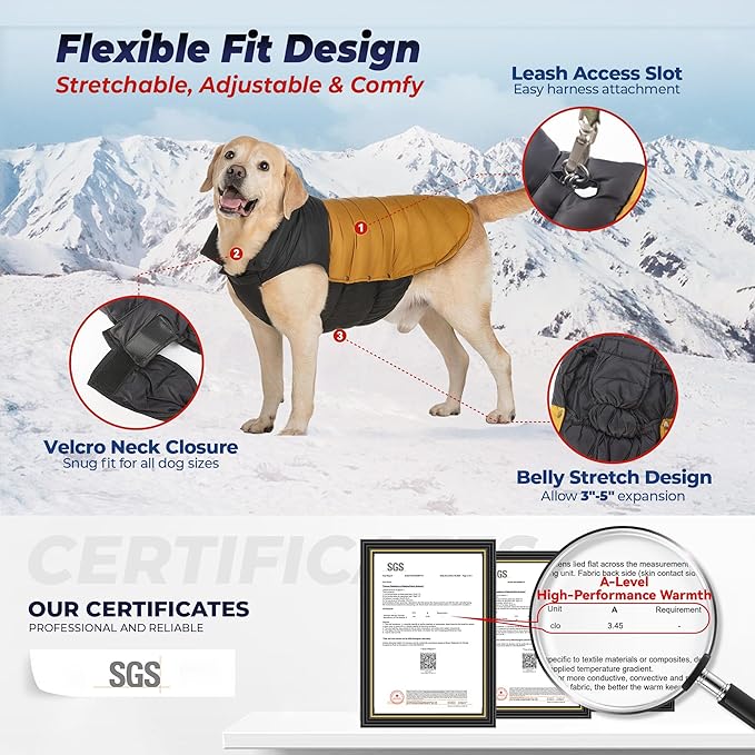 SPACE LION Dog Puffer Jacket, Down Winter Coat, Durable Outdoor Coat for Cold and Windy Conditions, Lightweight & Adjustable Fit Coats for Large Dogs, (BlackKhaki, Size28/4XL)