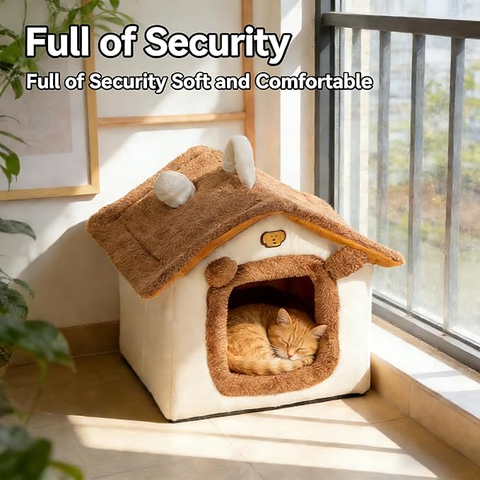 Lovely Cat Bed for Indoor Cats, Cartoon Pattern Cat Cave Bed with Handle Design, Soft Cat Hideaway Indoor Cat House for Kitten, Puppy & Small Pets (L)