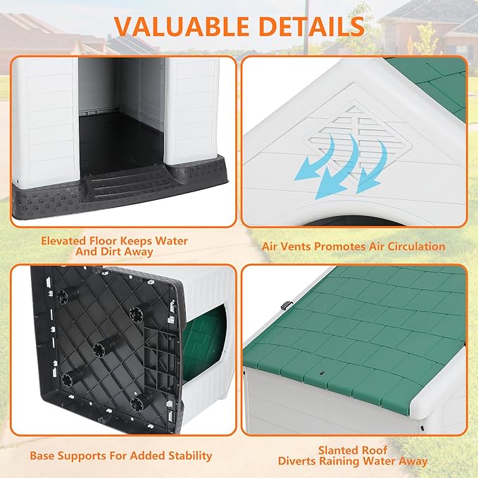 ZENY Plastic Dog House - Waterproof Dog Kennel with Air Vents and Elevated Floor All Weather Indoor Outdoor Insulated Doghouse Puppy Shelter, Easy to Assemble (Green, 28inch)