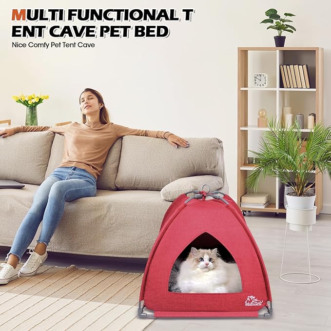 Winsterch Cat Bed Cave for Indoor Cats, Small Pet Tent Cave for Cats, Kittens, and Small Dogs, Warming Cat House with Removable Washable Cushion (18.5'‘ x 18.5’' x 15.8'',Red)