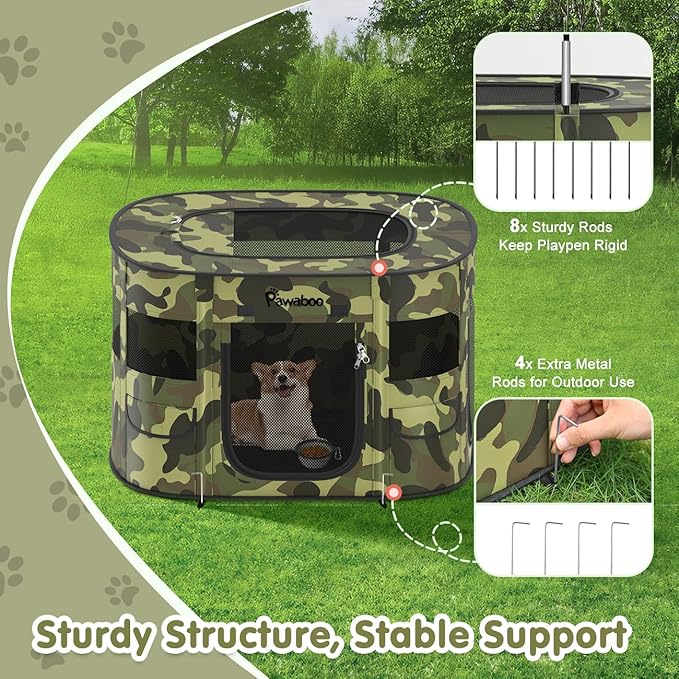 Dog Playpen, Portable Pet Cat PlayPen, 600D Oxford Dog Kennel Tent Crate, Waterproof&Breathable, Indoor Outdoor Travel Camping for Medium/Large Breed with Carrying Case+Bowl(L), Black Camouflage