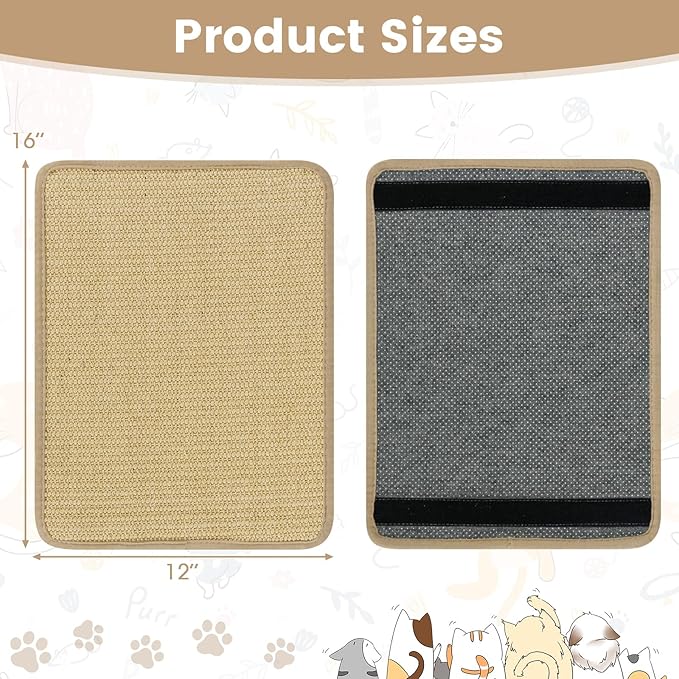PETSITE Cat Scratcher Mat, Natural Sisal Scratching Mats, Horizontal Cat Floor Scratching Pad Rug with Adhesive Hook Loop Tapes (12, 15.75 x 11.81 in)