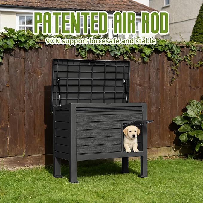 DRATO Indoor & Outdoor Resin Dog House with Raised Floor, Heated Pad and Easy Assembly - Small Breed Shelter Featuring Louvered Vents, Spiked Legs, and Sloped Roof,Black