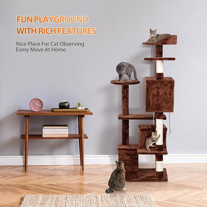 LEMY 54 Inch Cat Tree,Multi-Level Cat Tower Condo for Indoor Kittens,Brown Cat House with Sisal-Covered Scratching Post for Cats to Play and Sleep