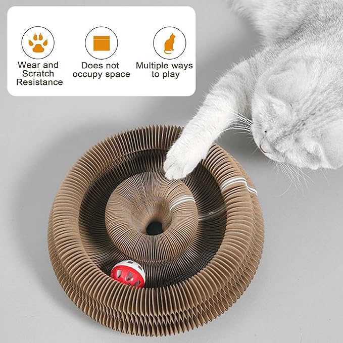 Magic Organ Cat Scratcher Pad with Bell-Ball, Foldable Cat Cardboard Lounge Bed, Interactive Cat Butler for Cat Scratching, Mental Physical Training Exercise for Indoor Kitty Toys (1)
