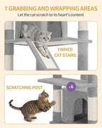 Large Cat Tree, 72 Inch Tall Indoor Cat Tower for 6 Large Cats, Corner Climbing Activity Pet Condo with 2 Large Platforms/2 Cats House/6 Scratching Post/1 Hanging Basket, Light Gray MS18318LG