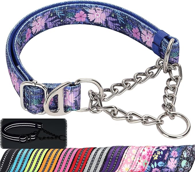Martingale Dog Collar with Steel Chain, Reflective Choke Collar with Soft Padded- Adjustable No Pull with Bohemia Flower for Training Large Dogs Pet Collars for Walking（L