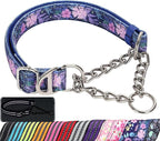 Martingale Dog Collar with Steel Chain, Reflective Choke Collar with Soft Padded- Adjustable No Pull with Bohemia Flower for Training Large Dogs Pet Collars for Walking（L