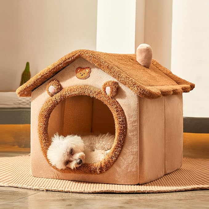 JIUPETY Dog House Dog Bed with Cover Cave with Non-Slip Bottom, M Size Tent Bed for 6-11 Lb Dogs and 9-17 Lb Cats, Brown