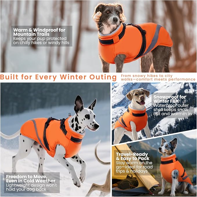 QBLEEV Warm Dog Coat for Medium Dogs, Waterproof Dog Winter Jacket with Built-in Harness & Reflective, Snowproof Warm Coat with Zip Closure, Windproof Neck Drawcord Snow Jackets, Orange, L