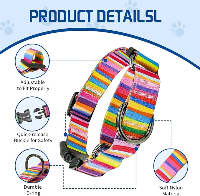 Kazazoo Martingale Collar for Dogs with Quick Release Buckle Adjustable Soft Durable Dog Collar for Small Medium Large No Pull Training Dog Collars-Rainbow M