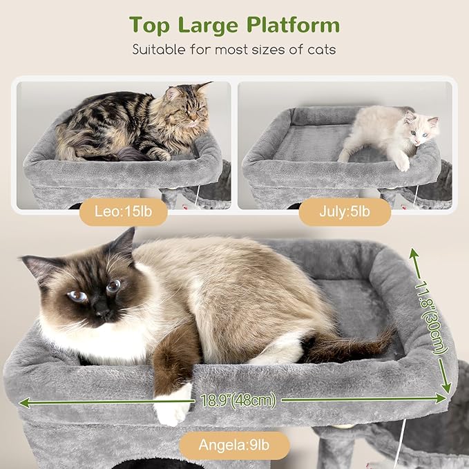 Globlazer Corner Cat Tree 66 inch Multi-Level Climbing Tower Kitty Condos Cat Scratching Tower for Indoor Multiple Cats with Large Platform, 3 Cat Caves, F66, Light Grey