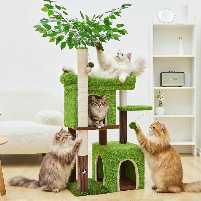 60in Cat Tree with Cat Scratching Post Tree-Shaped Cat Tree Tower with 2 Large Cat Houses and Wide Top Perch Bed for Adults and Large Cats