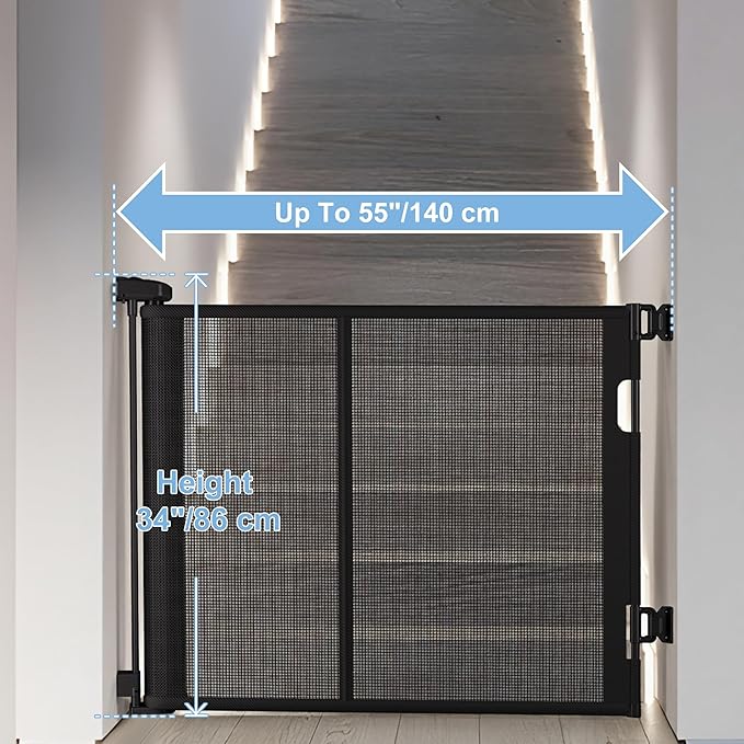 55 inches Retractable Baby Gate, 34 inches Tall Extra Wide Pet Gate for Stairs, Hallways and Doorways, Indoor Outdoor Safety Gate for Toddlers & Small Dogs, White