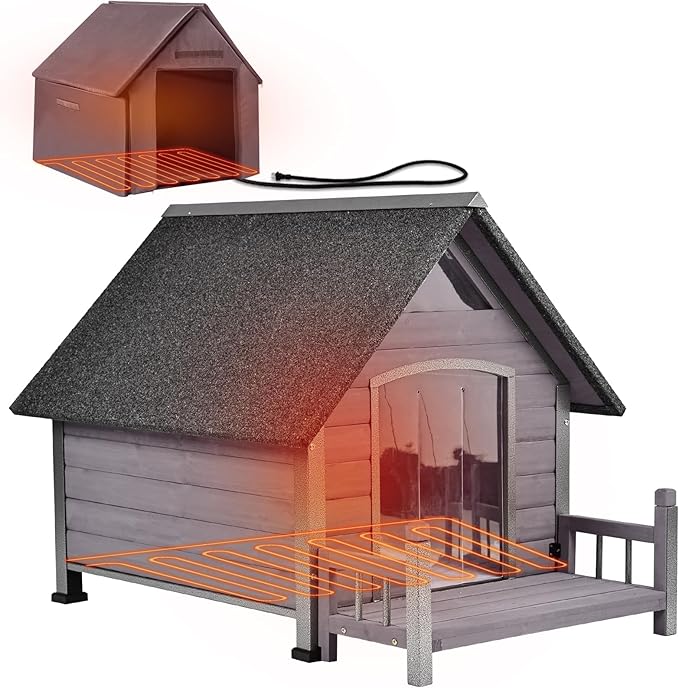 Aivituvin Heated Dog House Outdoor 45" Large Dog Kennel with Metal Frame Insulated Indoor Dog Cage for Small Medium Large Dogs with Heater and Insulated Liner Grey