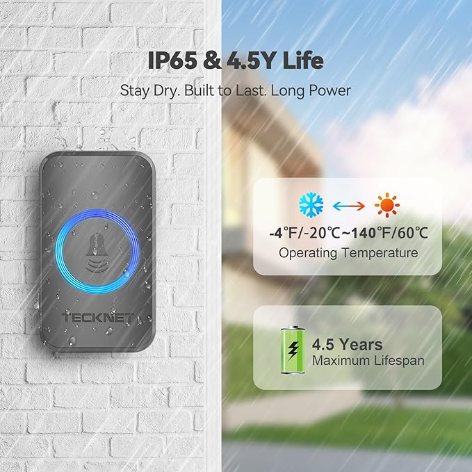 TECKNET Wireless Doorbells for Home, IP65 Waterproof 1,970Ft 120dB Door Bell Ringer Wireless for Classroom with 60 Chimes & 5 Volume Levels, RGB Flash