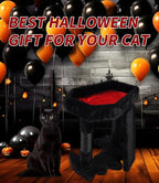 Gothic Cat Tree Tower with Coffin Cat Bed for Indoor Cats, Halloween Spooky Cat Scratcher,Goth Cat Tree with Sisal Scratchig Post and Spider Dangling Toys,Black with Red