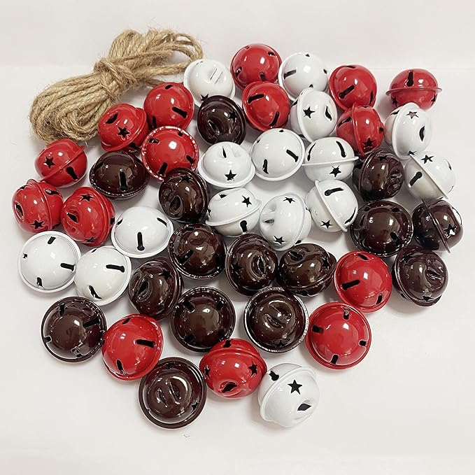 Pack of 51 Small Bells for Crafts, 1 Inch Jingle Bells Little Bells for Crafting Dog Training Doorbell Cat Collar Christmas Tree Wedding Decorations (Red White Brown)