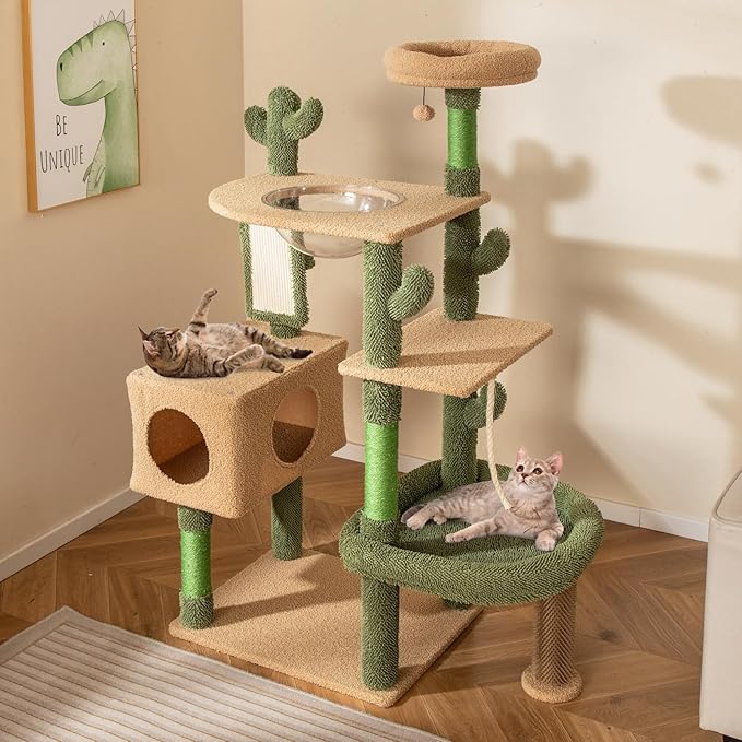 Tangkula Cactus Cat Tree, 59 Inch Tall Cat Tower with Sisal Scratching Posts, Cat Condo, Perch, Space Capsule, Large Bed, Self Groomer, Rope, Ball, Green Cute Cat Tree Tower for Indoor Cats