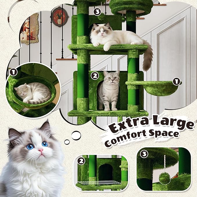 Large 70.87in Cat Tree with 2 Condos, 3 Perches & Hanging Hammock, Cat Tower with Short Plush & No Sharp Edges, Natural Sisal Scratching Areas, Safe & Stable for Multi-Cat Families (Green, 70.87in)
