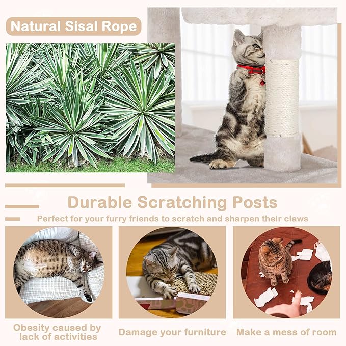Heavy Duty Cat Tree,54 Inch Tall Cat Tower,2 Cozy Condos,Scratching Posts,Ladders & Sisal Pole,Multi-Level Perches Platforms for Indoor Cats,Sturdy Pet Climbing Furniture,Beige
