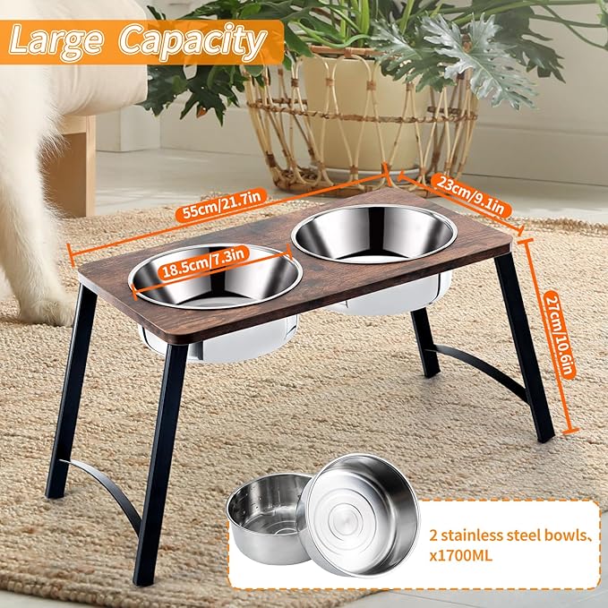 Elevated Dog Bowls for Medium and Large Dogs Wood Raised Bowl Stand with Two 1700ML (58oz) Stainless Steel Dog Food and Water Bowls,Non-Slip