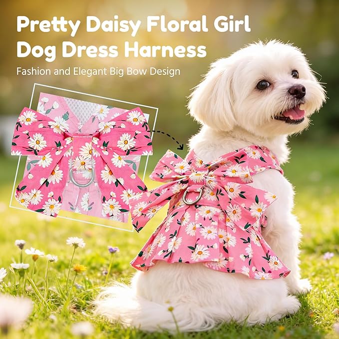 BAEJMJK Dog Dress Bowknot Harness Leash Set for Small Dogs Cats Daisy Floral Girl Dog Dresses Cute Puppy Princess Clothes Pet Doggy Outfits Spring Summer Breathable Dresses(Pink,Small)