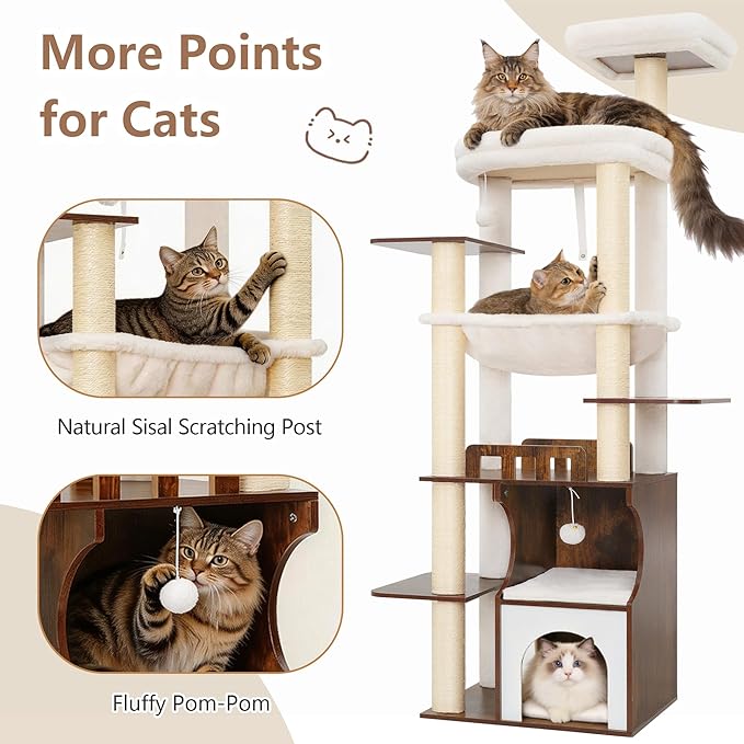 Cat Tree, 70.9 Inch Wood Cat Tower for Large Cats Adult, Modern Cat Furniture with Double-Layer Wooden Cat Condo, 2 Platforms, Large Hammock and Scratching Posts, Rustic Brown GCT102SR