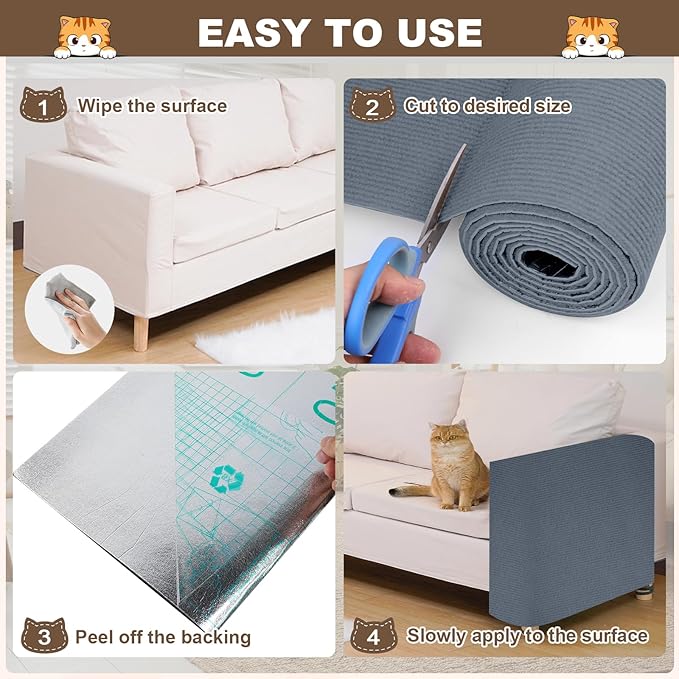 Cat Scratch Furniture Protector, 78.7"x15.8" Cat Scratching Mat, Trimmable Self-Adhesive Cats Claws Scratch Pads, DIY Carpet Mat Replacement for Cats Tree, Cats Wall Shelves, Grey
