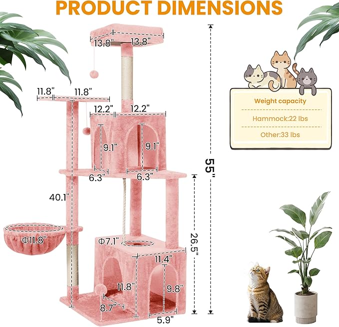 Cat Tree, 54-Inch Cat Tower for Indoor Cats,Plush Multi-Level Cat Condo with Scratching Posts, Basket, Perches,2 Caves,2 Pompoms(Pink)