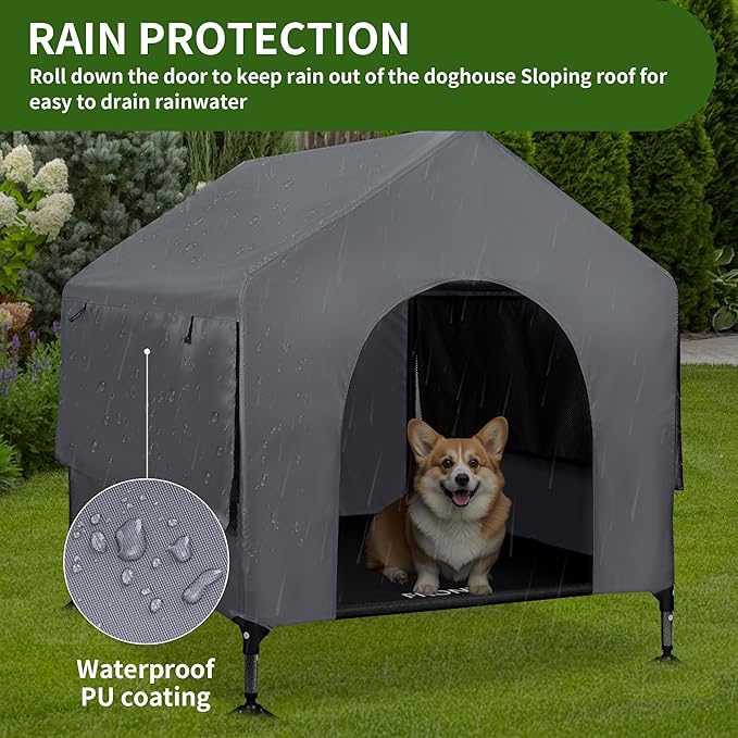 Summertrail 36" Large Dog House Outdoor Indoor with Breathable Mesh Windows-Elevated Dog Bed Cot Dog Tent Shade Shelter for Large Breeds with Canopy, Weatherproof Dog Kennel for Outside, Easy Clean