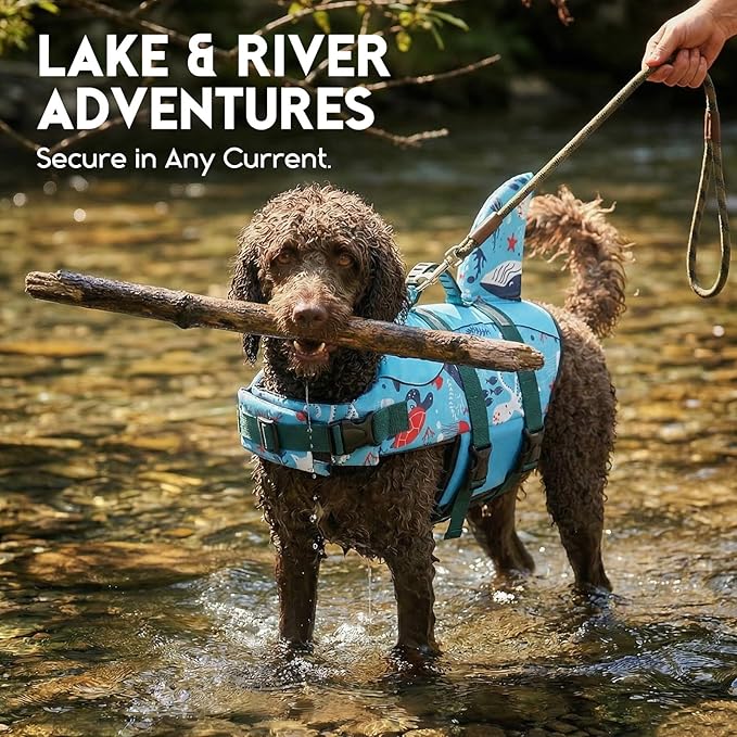 ASENKU Dog Life Jacket - Pet Safety Vest for Swimming & Boating, Shark Life Jacket with Floatation, Dog Lifesavers Swimsuits for Small Medium Large Dogs (Ocean, XS)