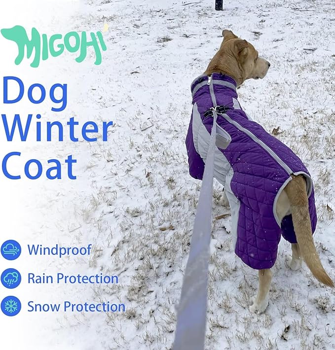 MIGOHI Full Body Dog Coat - Warm Reflective Large Dog Winter Coat with Harness,Turtleneck Fleece Jacket for Dogs,Four-Leg Windproof Puffer Jackets Snowsuit with Zipper for Small Medium Large Dogs,3XL
