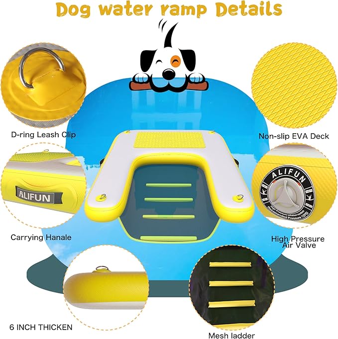 ALIFUN Inflatable Dog Ramp Floating Dock Water Raft Ladder for Pool, Boat, Non-Slip EVA Floating Ladder for Dog Up to 220 LBs Purple 140CM Length (Black-Yellow, for Small Dogs Up to 80 lbs)