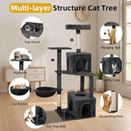 Cat Tree 54-Inch Cat Tower with Padded Plush Perch 2 Comfy Caves, Scratching Posts, Basket, 2 Pompoms, Multi-Level Plush Cat Condo for Indoor Cats Kittens, Dark Gray