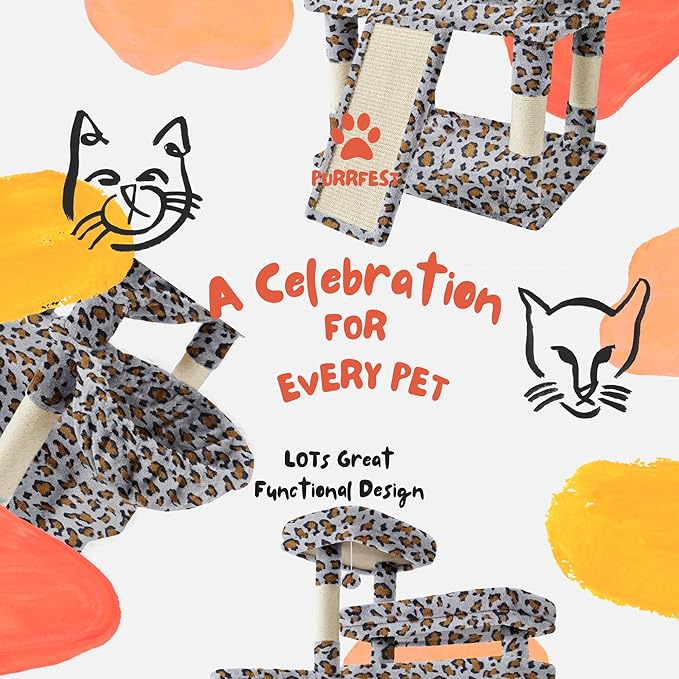 80 Inch Cat Tree, Large Cat Tower with 9 Scratching Posts, 2 Perches, 2 Caves, 2 Basket, 2 Stairs, Extra Large Hammock, Multi-Level Plush Cat Condo for Indoor Cats/Grey Leopard Print