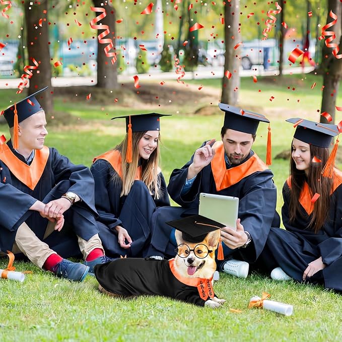 5 Pcs Dog Graduation Costume Set Include 2026 Pet Graduation Gown with Stole Puppy Grad Cap Lensless Glasses DIY Letter Stickers for Dogs Cats Holiday Costume Accessory(Black Orange,XL)