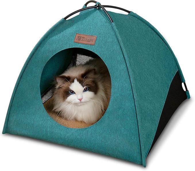 Pop-up Cat Tent Indoor Outdoor,Waterproof Cat House with Removable Cushion for All Seasons, Portable Pyramid Cat Cave Bed for Cats & Small Dogs, No Assembly Folding Pet Tent,Green